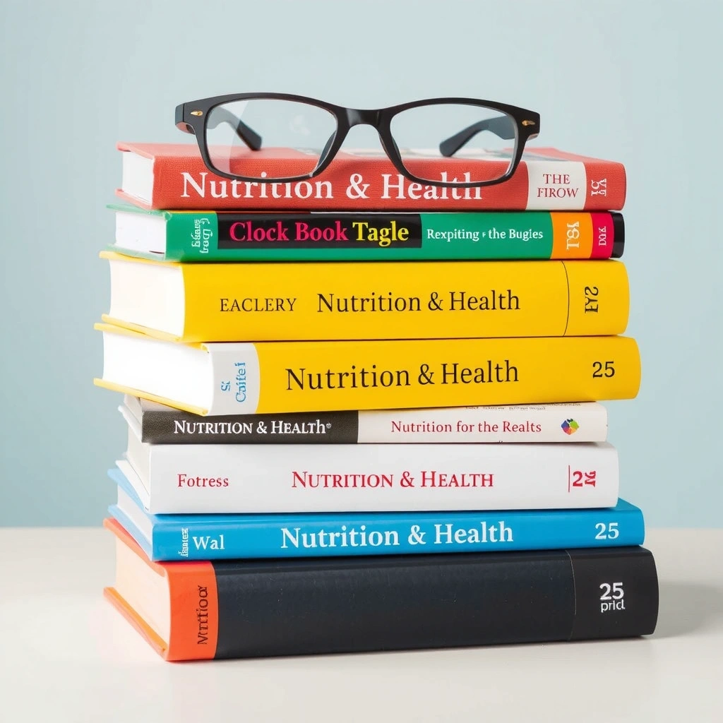 Ein Stapel von Büchern über Ernährung und Gesundheit, mit einer Brille darauf, symbolisiert Lernen und Wissen. Kein Text.