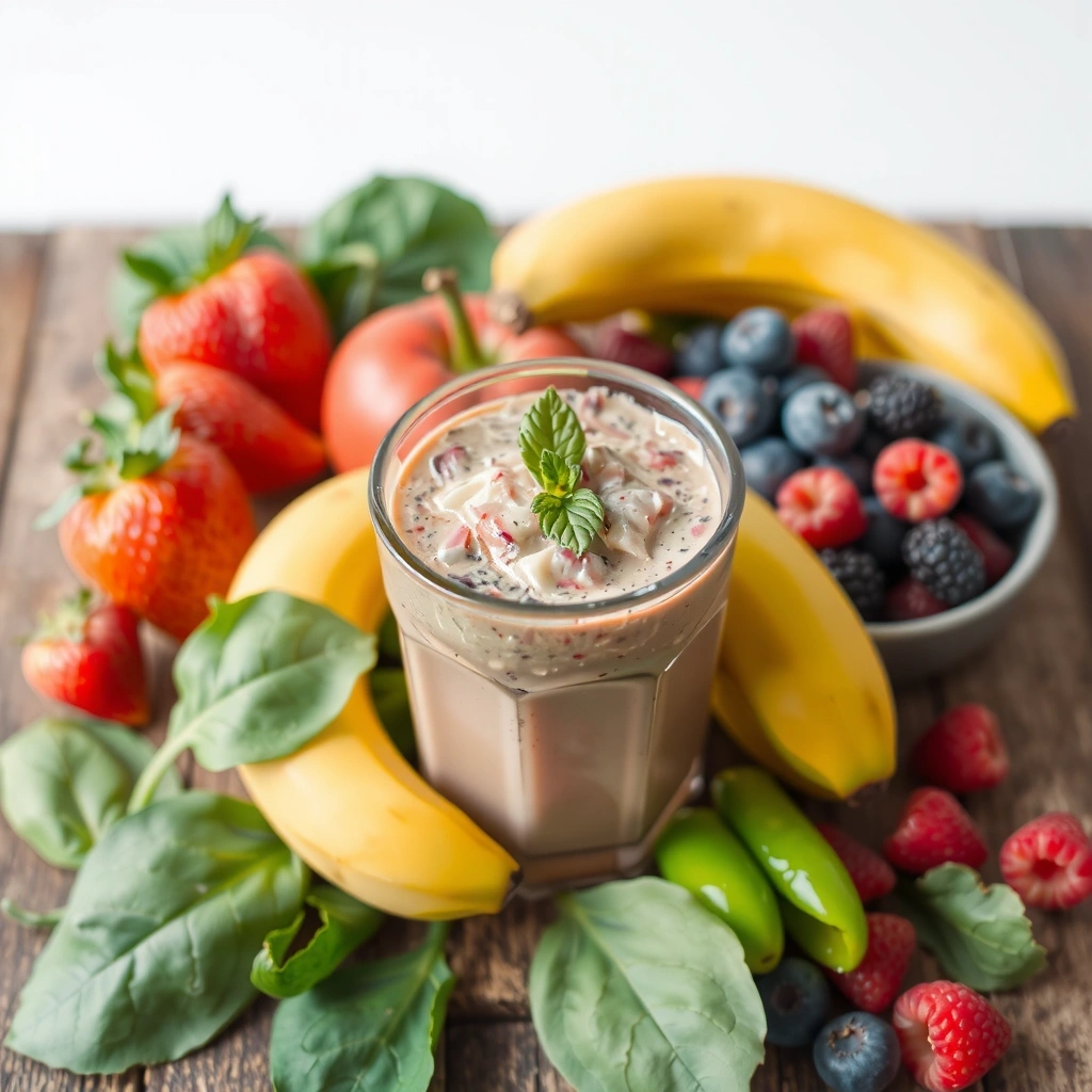 Ein bunter Smoothie in einem Glas, umgeben von frischen Früchten wie Beeren, Bananen und Spinatblättern. Helle, natürliche Beleuchtung. Kein Text.