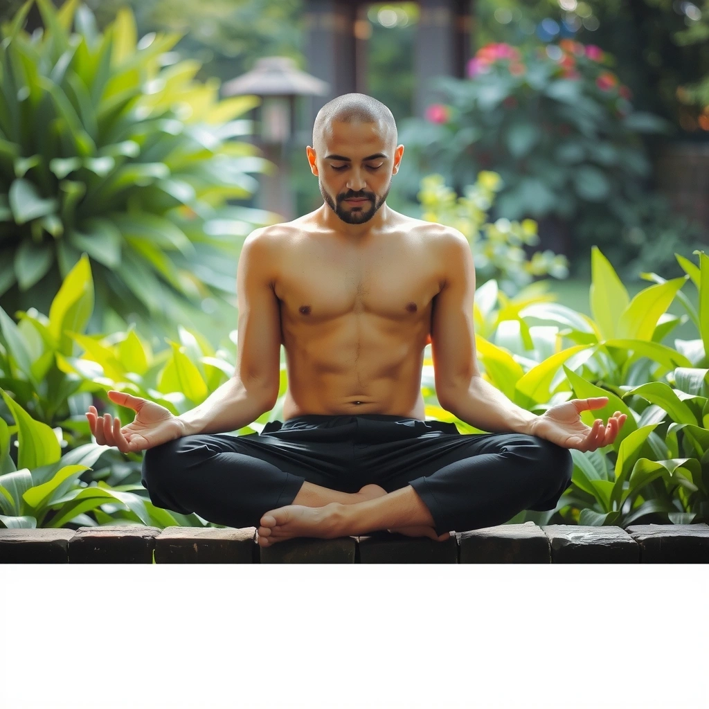 Eine Person meditiert in einer friedlichen Umgebung, umgeben von Pflanzen, die Balance und Achtsamkeit symbolisieren. Kein Text.