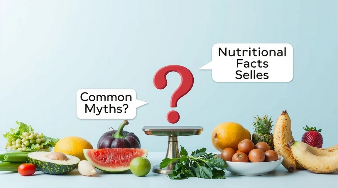 Eine Waage mit einem Fragezeichen daneben, umgeben von verschiedenen Lebensmitteln, die Mythen und Fakten darstellen.