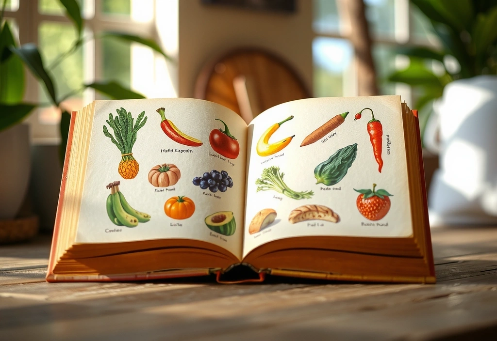 Open book with healthy food illustrations, cozy atmosphere, natural light, no text.
