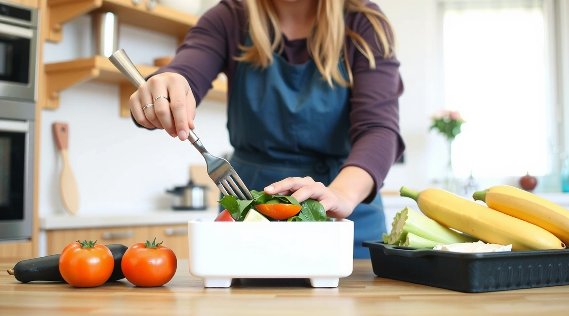 Person bereitet einen bunten Salat mit frischem Gemüse und Kräutern zu, helle Küche, Fokus auf Hände und Zutaten.