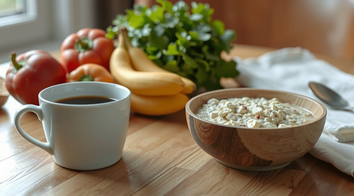 Tasse Kaffee und Haferflocken auf einem Holztisch, im Hintergrund frisches Obst und Gemüse, alles in warmen, natürlichen Farben.