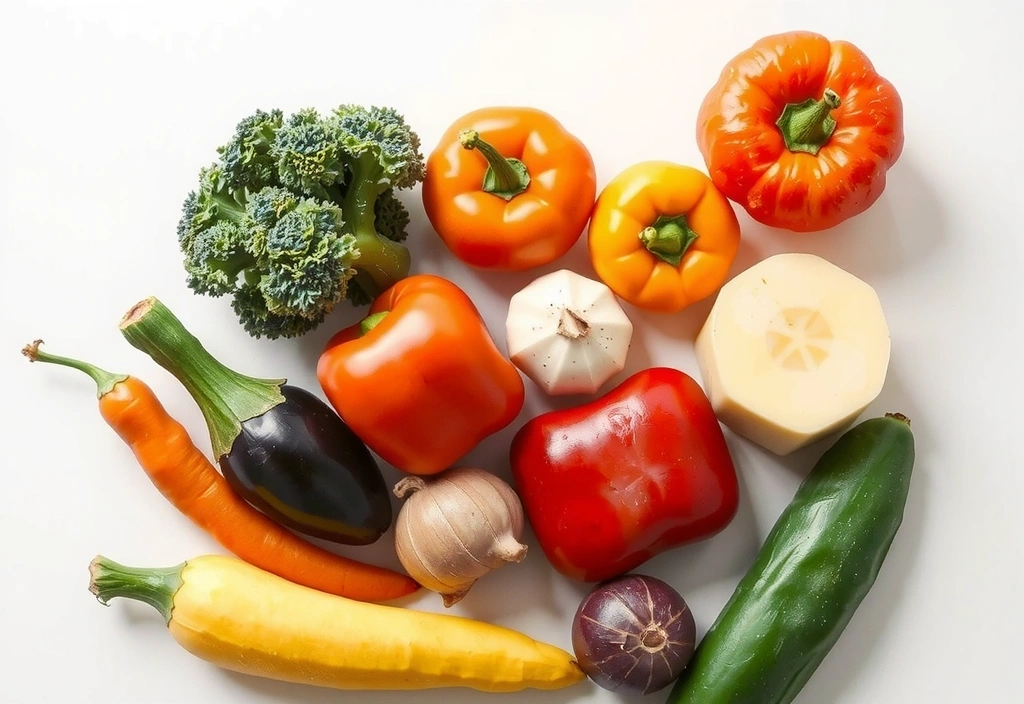 Variety of ingredients for a healthy recipe, neatly arranged, vibrant colors, no text.