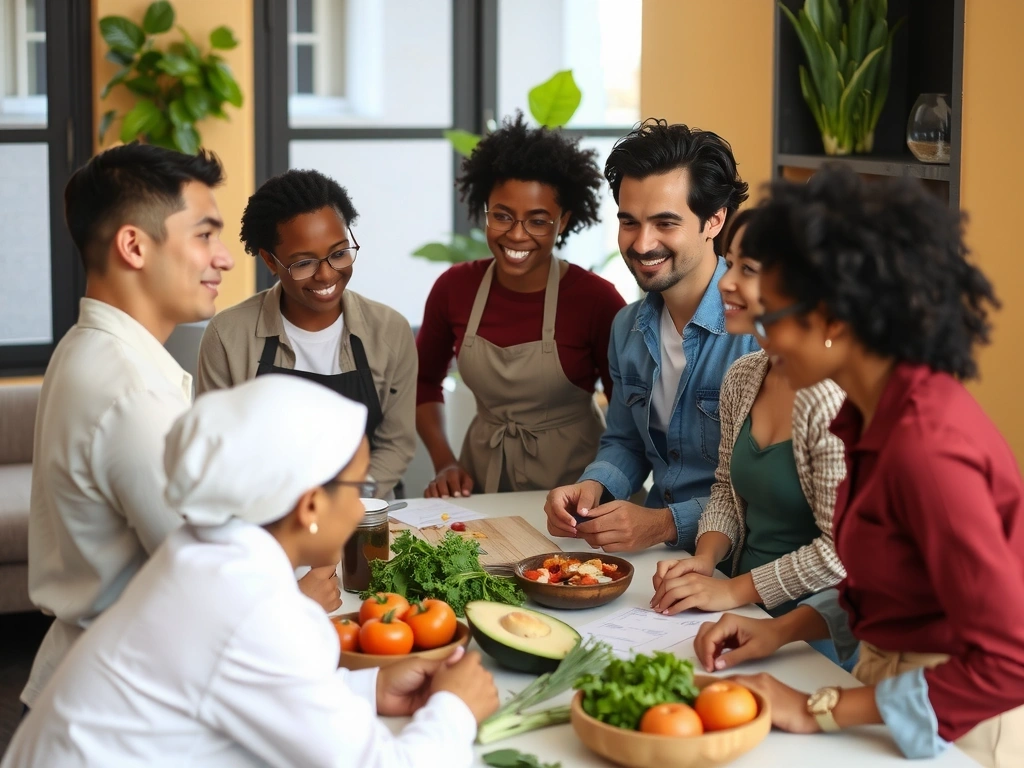 Gruppe von Menschen lacht und interagiert während eines Ernährungs-Workshops
