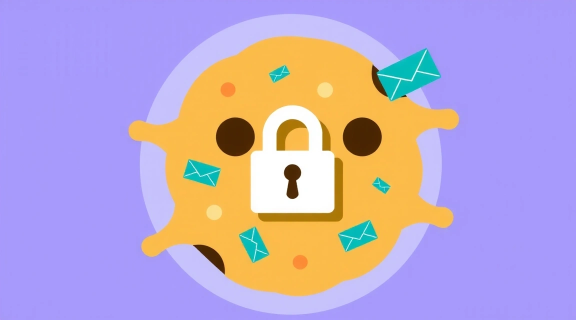 Illustration eines Cookie-Symbols mit einem Schloss, umgeben von kleinen Datenpaketen, die den Datenschutz im Internet symbolisieren.