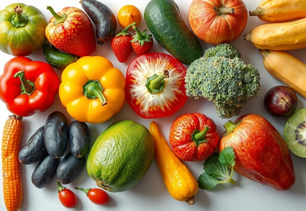 Healthy food flat lay, vibrant colors, fresh fruits and vegetables, natural light, clean background