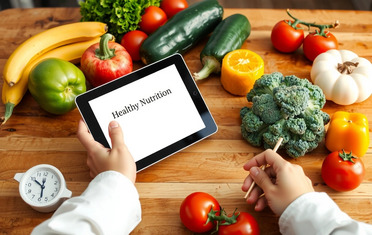 Eine Person liest auf einem Tablet Informationen über gesunde Ernährung, umgeben von frischem Obst und Gemüse.